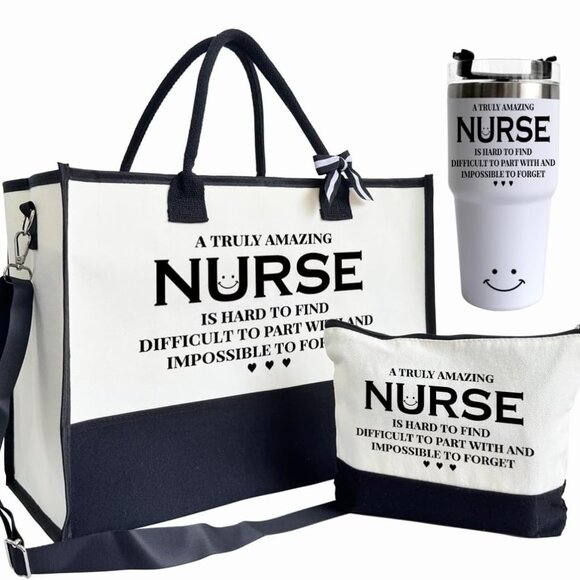 Nurse Tote Bag Canvas with Zipper and 20oz Stainless Steel Water Cup - Picture 1 of 8